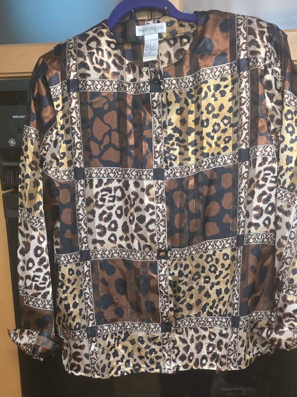 Martinque Metallic Satin Mixed Animal Print Leopard Tiger Cheetah Top Long Sleev
